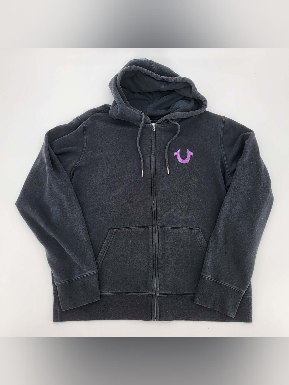 True Religion Black Zip-Up Hoodie with Purple Logo